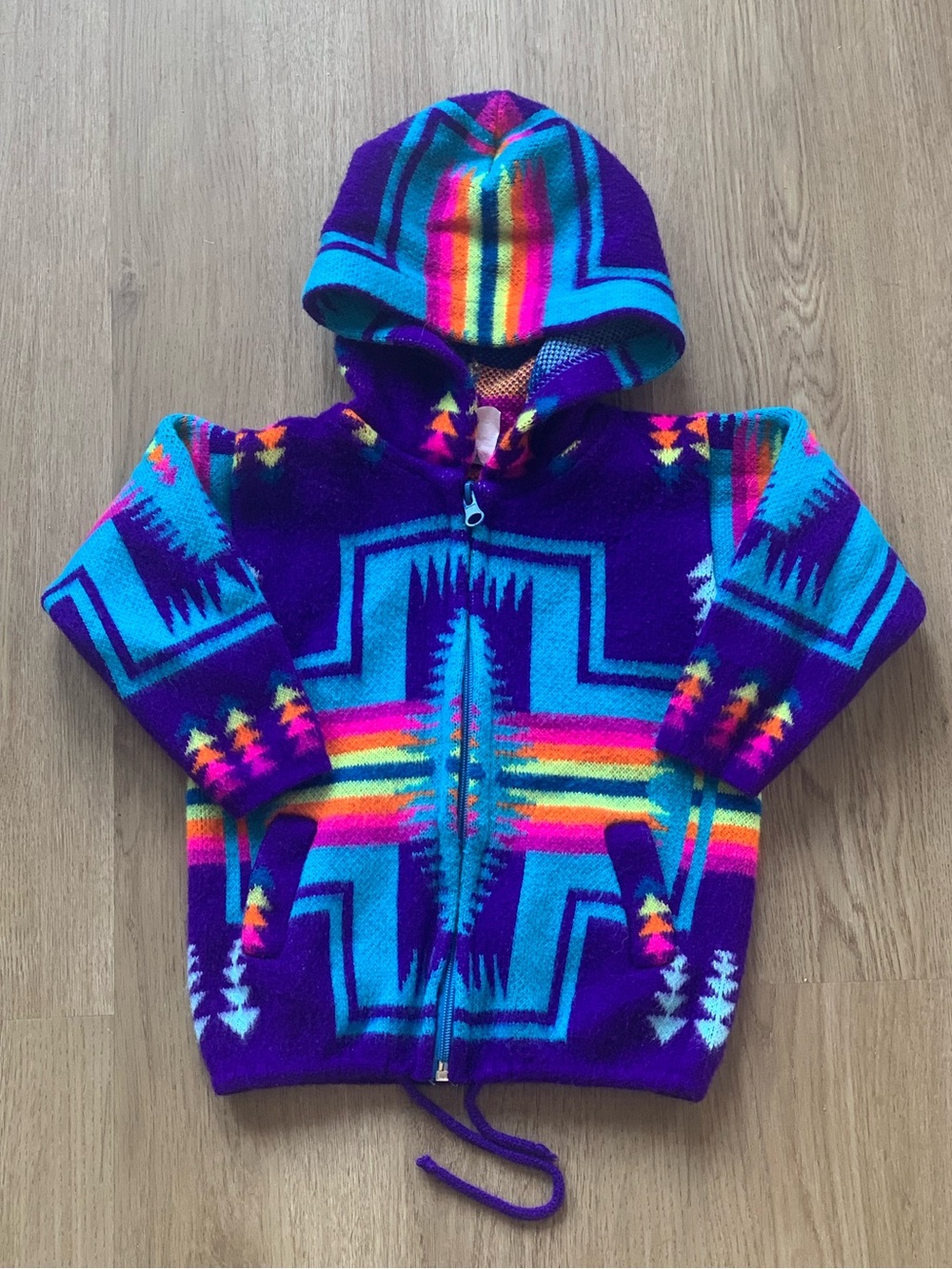 Artesanias Tuntaquimba wool Aztec hooded zip sweater toddler 2 bright colours